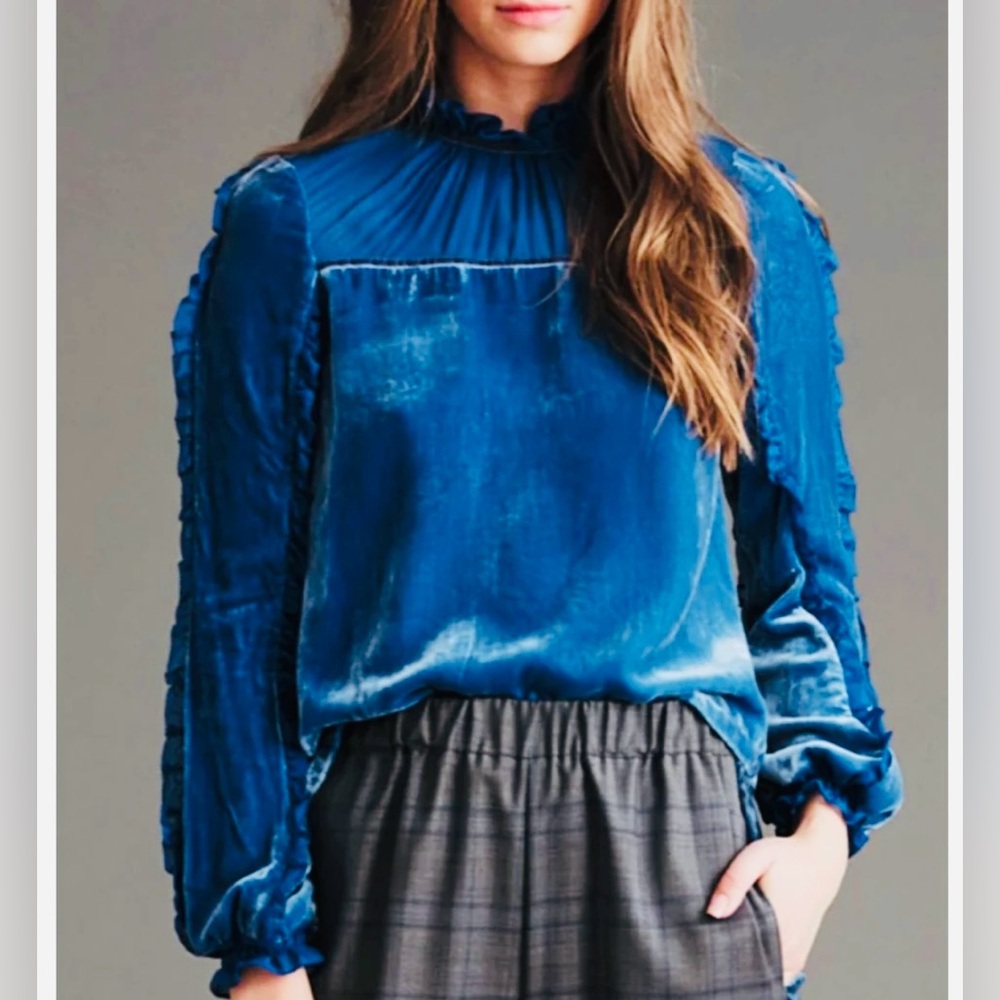 NEW Haute Hippie Blue Velvet Lia Top Blouse Ruffles Victorian